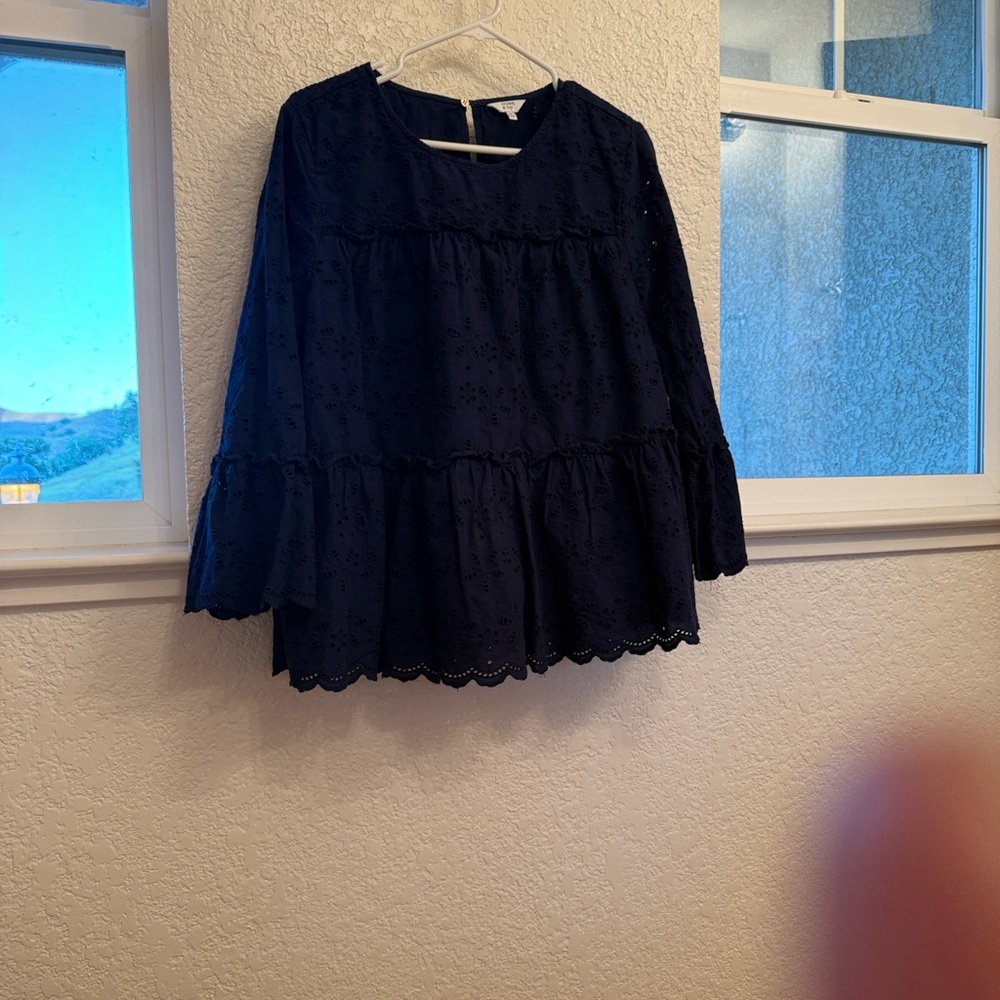 Navy Blue 100% Cotton Eyelet Blouse by Crown & Ivory-Boho Flutter Sleeve XXL